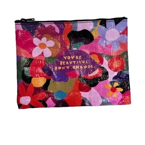 Blue Q You're Beautiful, Don't Change Floral Multicolor Zipper Pouch - Picture 1 of 5